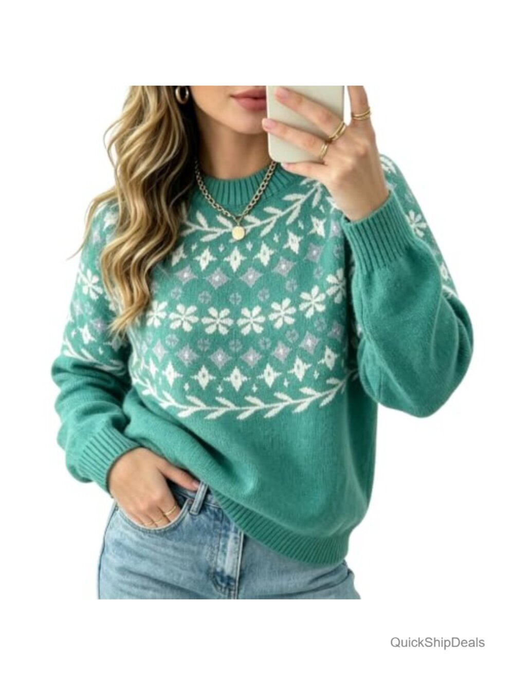 Oversized Fair Isle Mock Neck Sweater Long Sleeve Chunky Knit Pullover